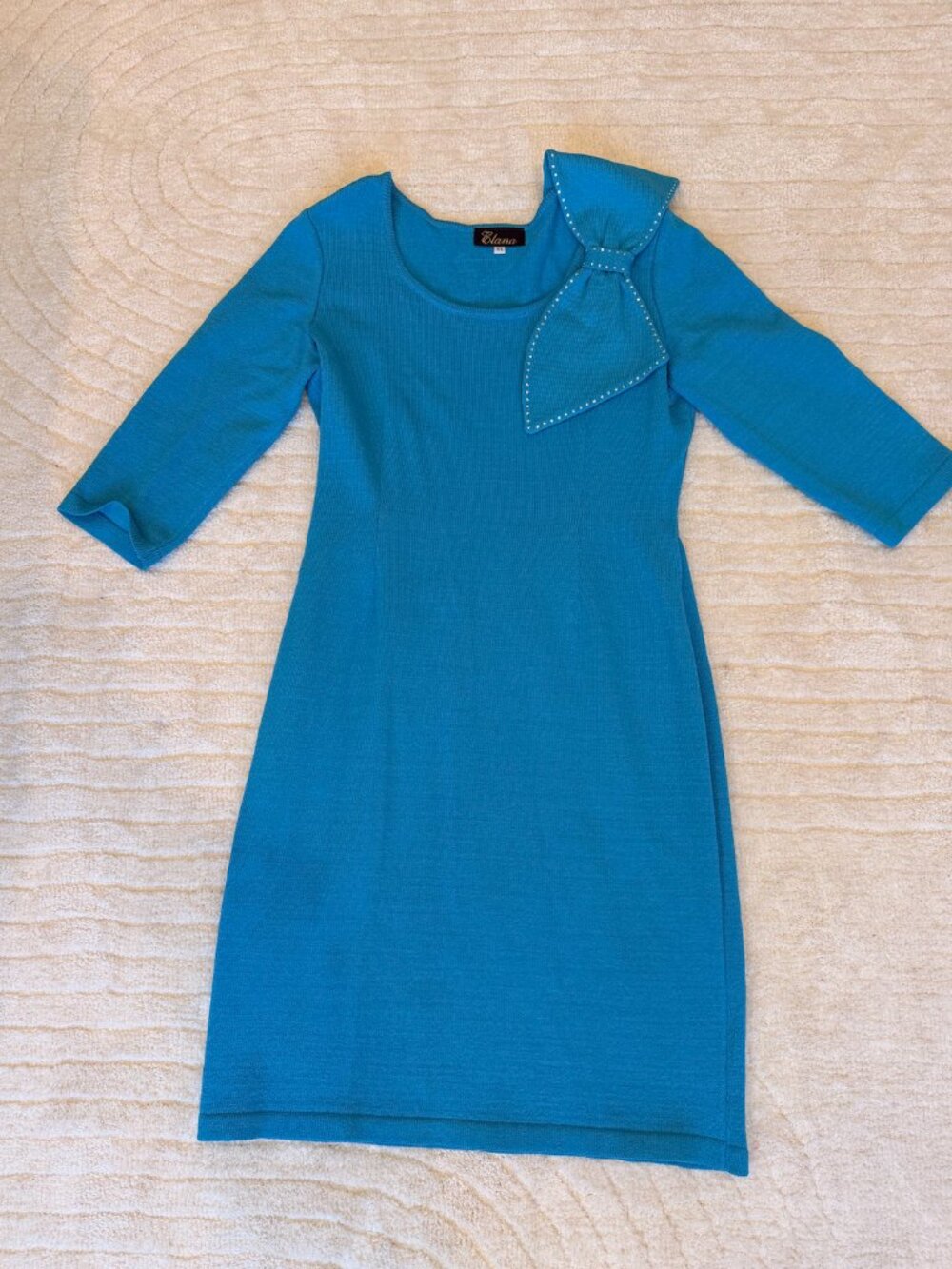 Elana XL Turquoise Sweater Knit Dress | Rhinestone Bow Detail | Vintage Chic